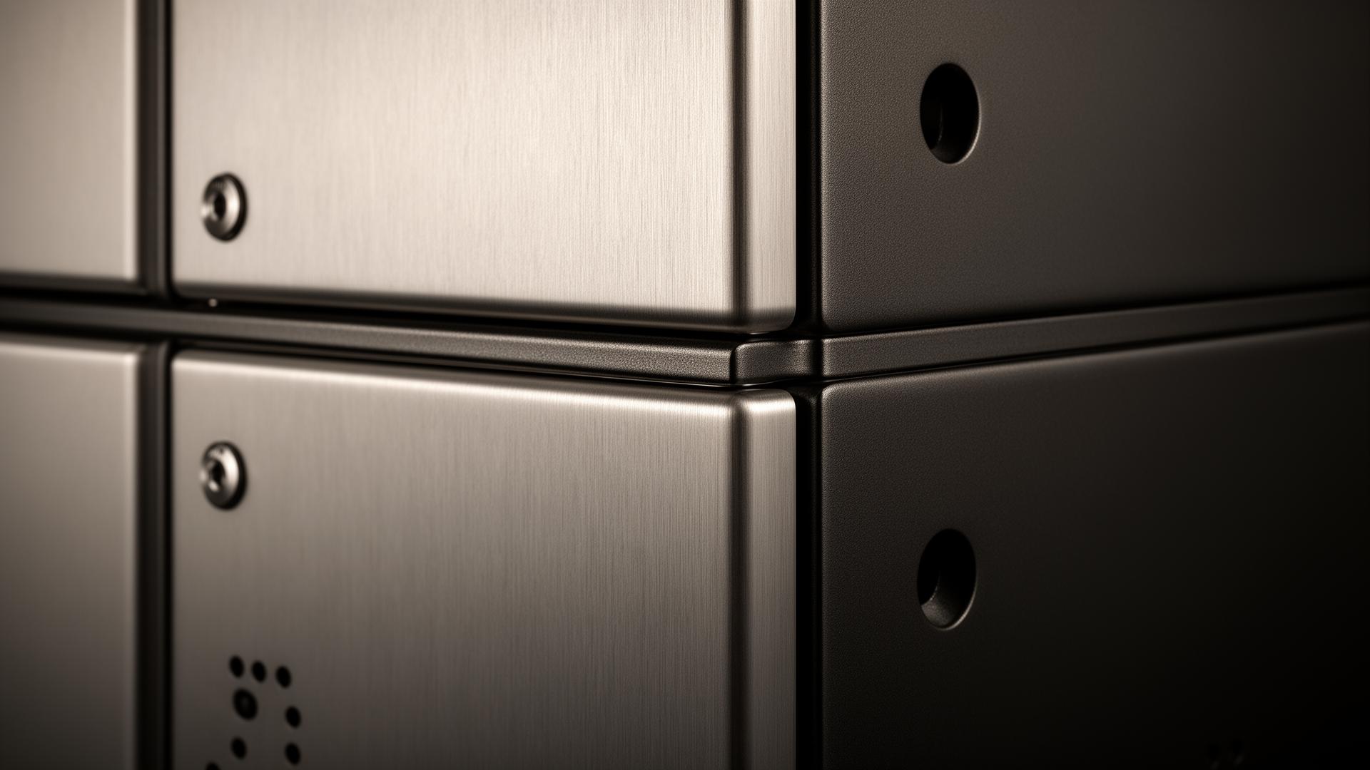 Macro detail of a brushed-aluminium and anthracite-steel Qeeper Heavy locker module